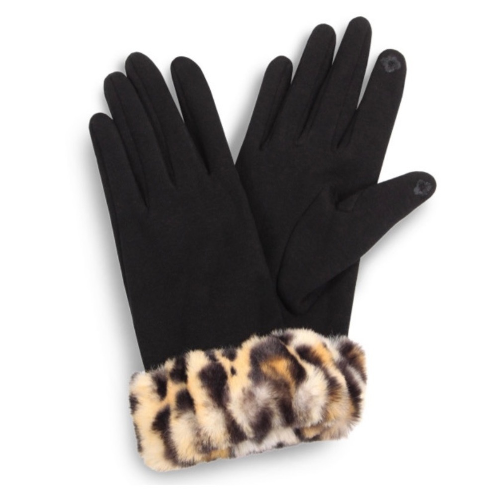 Solid smart touch gloves featuring faux fur leopard print